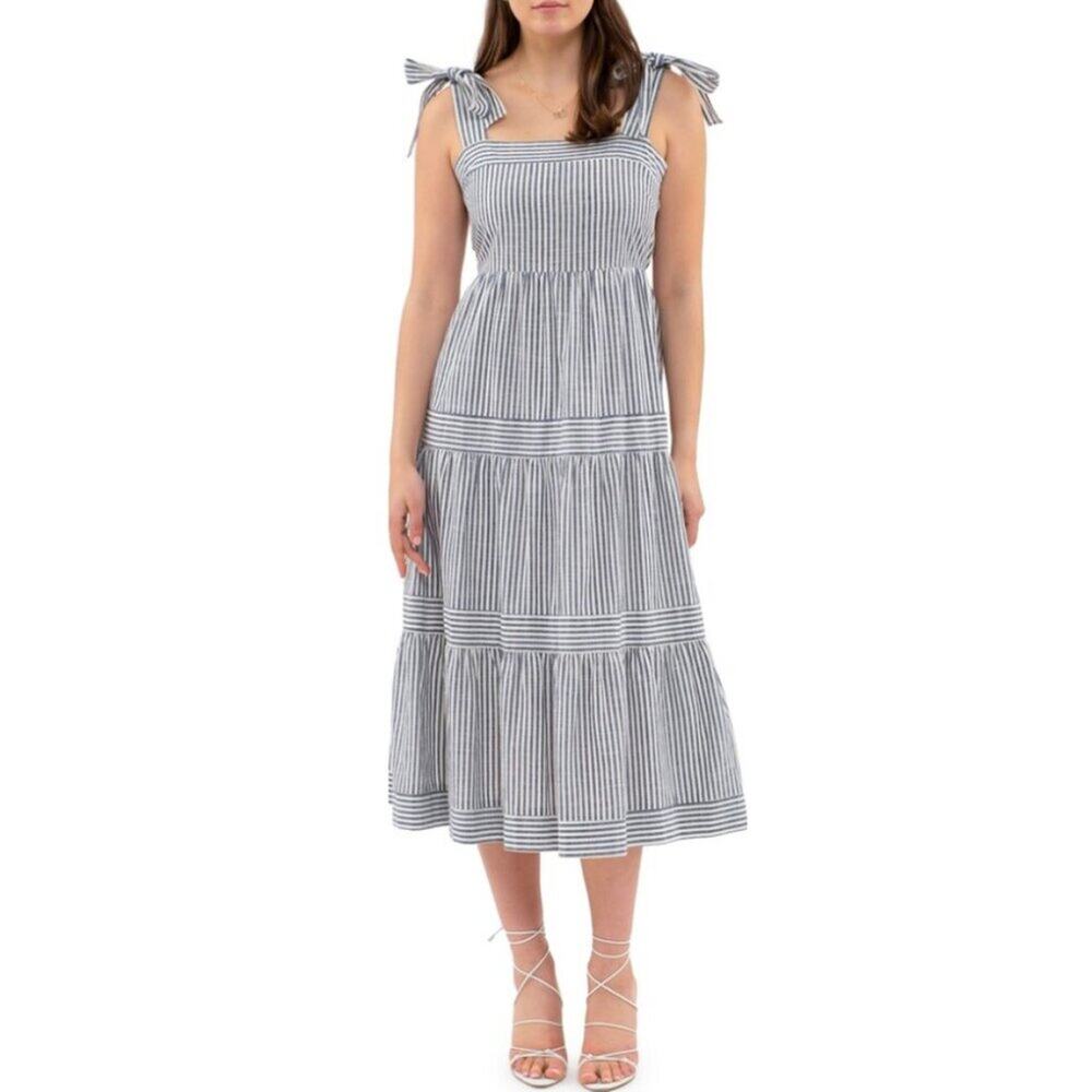 Flower &Feather Coastal Stripe Tie Shoulder Midi Dress Size L Resort Cottagecore - Picture 15 of 16